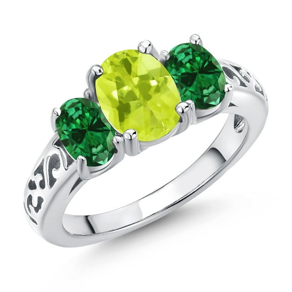 Gem Stone King 925 Sterling Silver Yellow Lemon Quartz and Green Created Emerald Filigree Style 3 Stone Ring for Women (1.80 Cttw, Oval 8X6MM and 6X4MM) (Size 6)