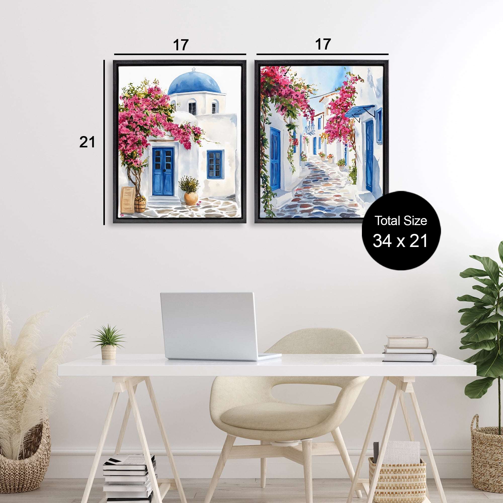Stupell Industries Santorini House with Pink Tree 2 Piece Black Framed Floater Canvas Set, design by LSR Design Studio