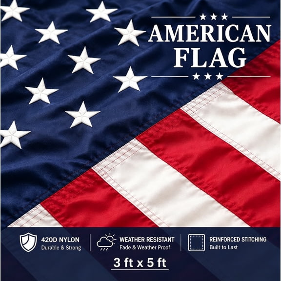 American Flag 3x5 Ft for Outside,420D Heavy Duty Nylon US Flags for High Wind Outdoor, Fade Resistant and Waterproof USA Flag with Embroidered Stars, Sewn Stripes, Brass Grommets