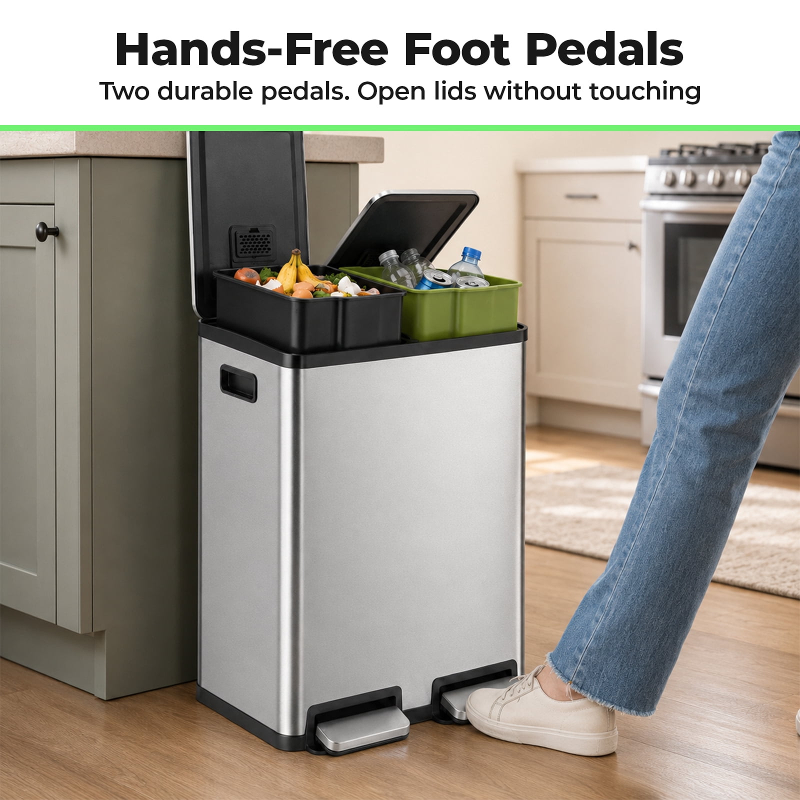 Alvantor 60L Trash Can, Dual Compartment 2x8 Gallon Stainless Steel Garbage Bin with Fingerprint Proof Finish, Soft Close Lid, and Hands-Free Pedal for Kitchen and Office