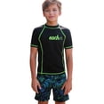thumbnail image 3 of Rggeeun Child Boys Swimsuit Set 2Pc Letter Print Short Sleeve Crew Neck Top & Elastic Waist Tie-Dye Floral Pattern Loose Fit Knee Length Trunks for Summer Beach Wear Cozy Swimwear,Black,11-12 Years, 3 of 9