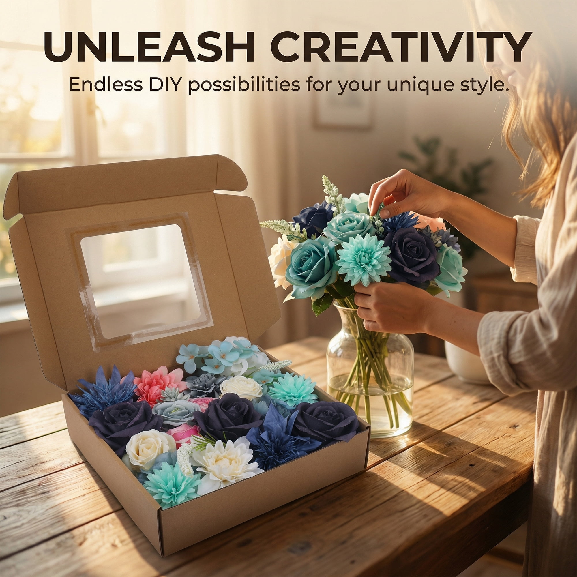 Unique Bargains Artificial Flowers Combo Box Set Blue Tones 9.8"