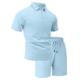 thumbnail image 3 of Havenx Two Piece Outfit for Men Short Sleeve Button Down Shirts and Shorts Lapel Collar Drawstring Textured Outfit Loose Summer Beach Vacation Walking Athletic Outfits Tracksuit,Light Blue M, 3 of 6