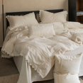 thumbnail image 3 of Juego de cama suave de tejido natural 50 % algodón y 50 % lino, estilo vintage, blanco roto, elegante, con encaje desgastado, funda de edredón, sábana plana, fundas de almohada, 3 of 5