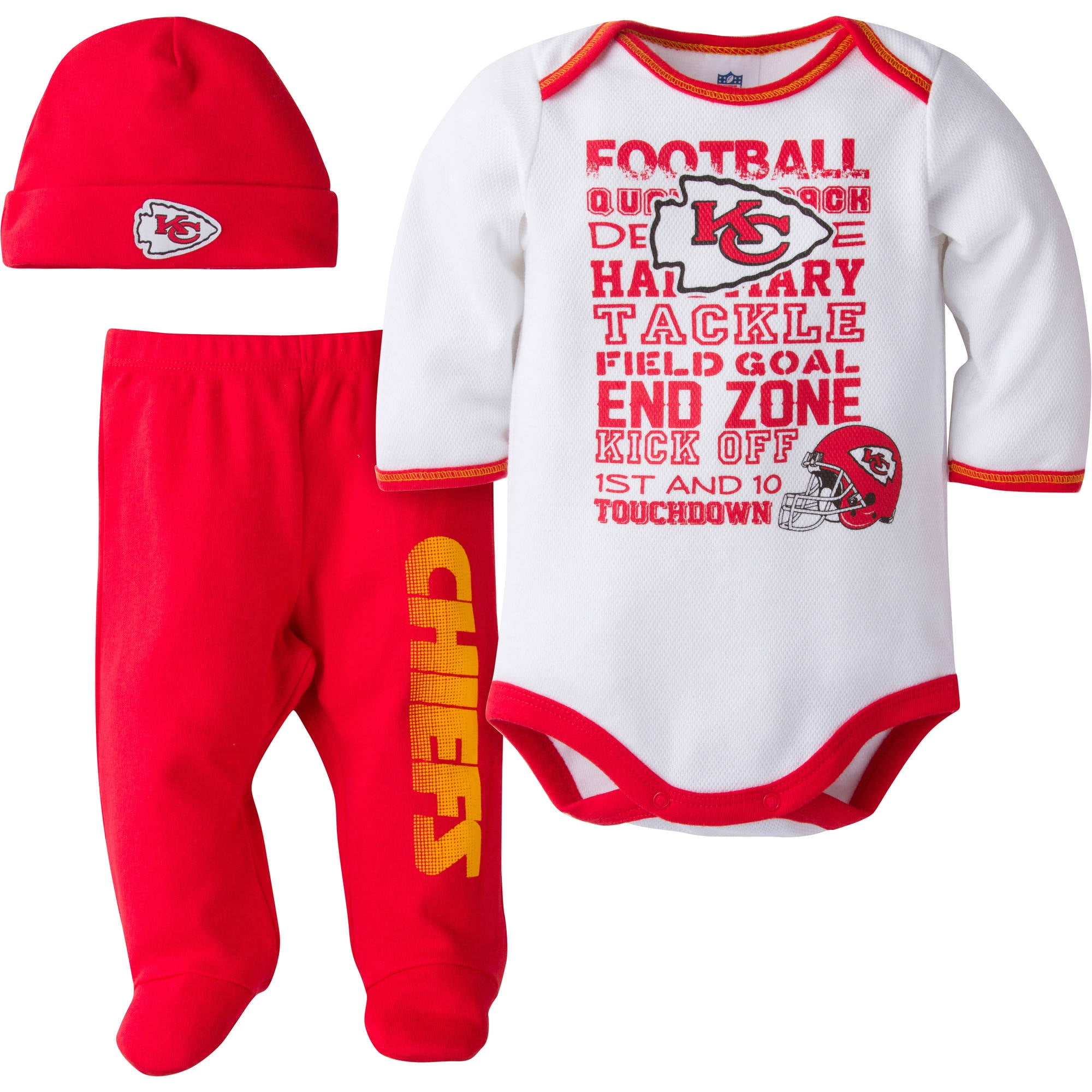 NFL Kansas City Chiefs Baby Boys Bodysuit, Pant and Cap Outfit Set, 3