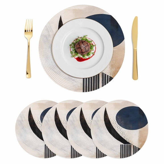 Navy Blue Black Abstract Art Round 13 Inch Placemats Set of 4, Modern Aesthetic Geometric HeatResistant Non Slip Place Mats for Dining Table, Wipeable Braided Kitchen Table Mats for Housewarming