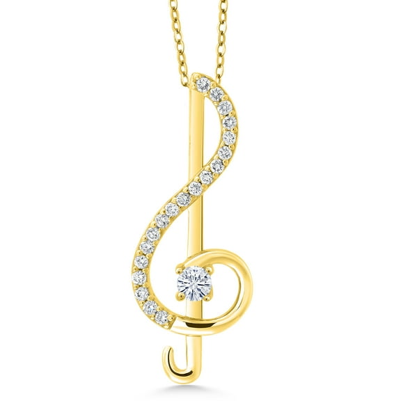 Gem Stone King 18K Yellow Gold Plated Silver White Moissanite Treble Clef Music Pendant Necklace for Women By Keren Hanan | 0.29 Cttw | Round 3MM | With 18 inch Chain