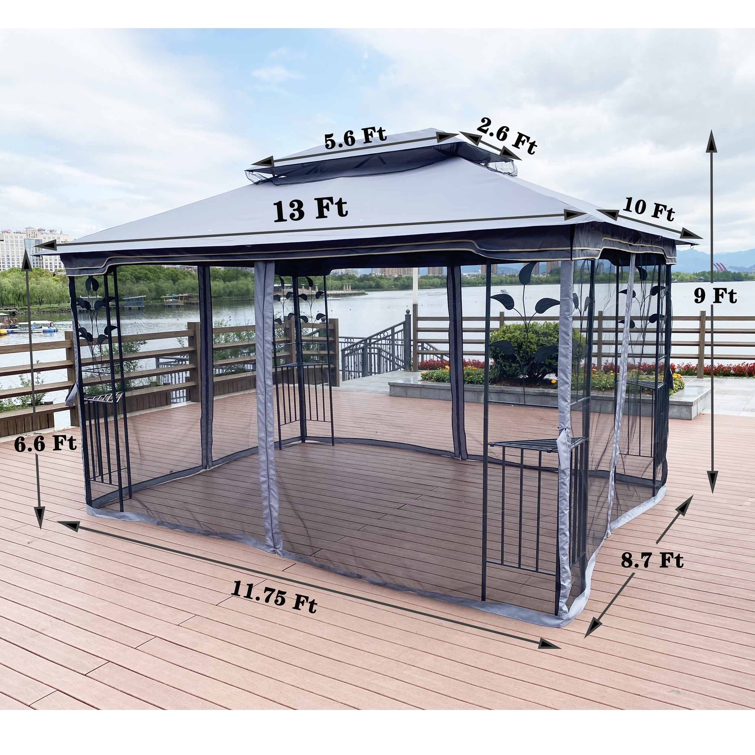 Royard Oaktree Patio Gazebo 13x10 Ft Outdoor Canopy Gazebo with Mosquito Netting and Corner Shelf Ventilation Double Roof Party Tent for Lawn Backyard Garden Deck,Gray