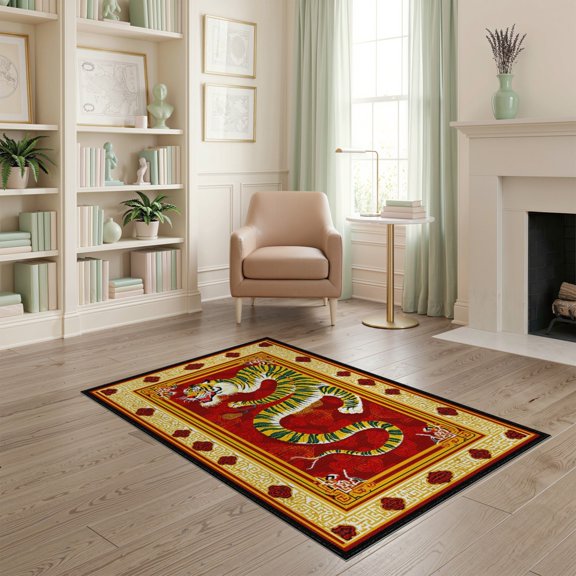 ODIKA Tibetan Tiger Versus Snake Striped Folk Ornate Border Battle for Dorm Room, Small Living Apartment, Stain Resistant Low Profile
