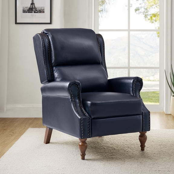 Manual Recliner Vegan Leather Wingback Roll Arm Nailhead Wood Leg Living Room Navy