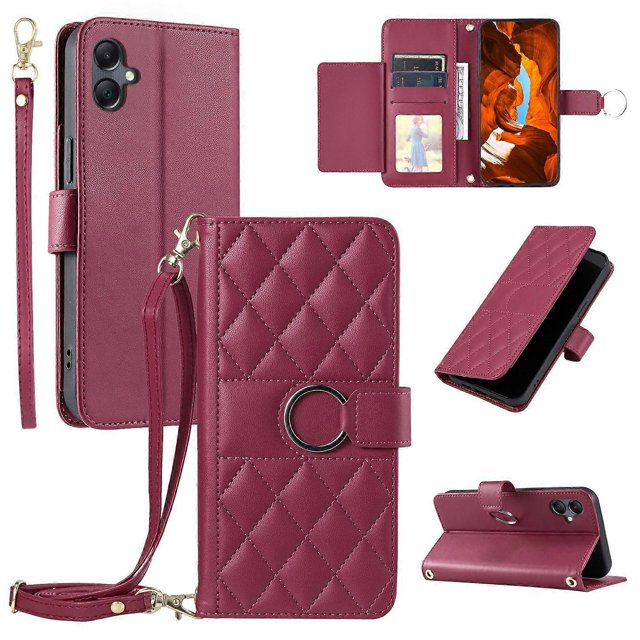 For Samsung Galaxy A05 4G Crossbody Leather Case Ring Buckle Wallet Stand Rhombus Mobile Cover - Gre