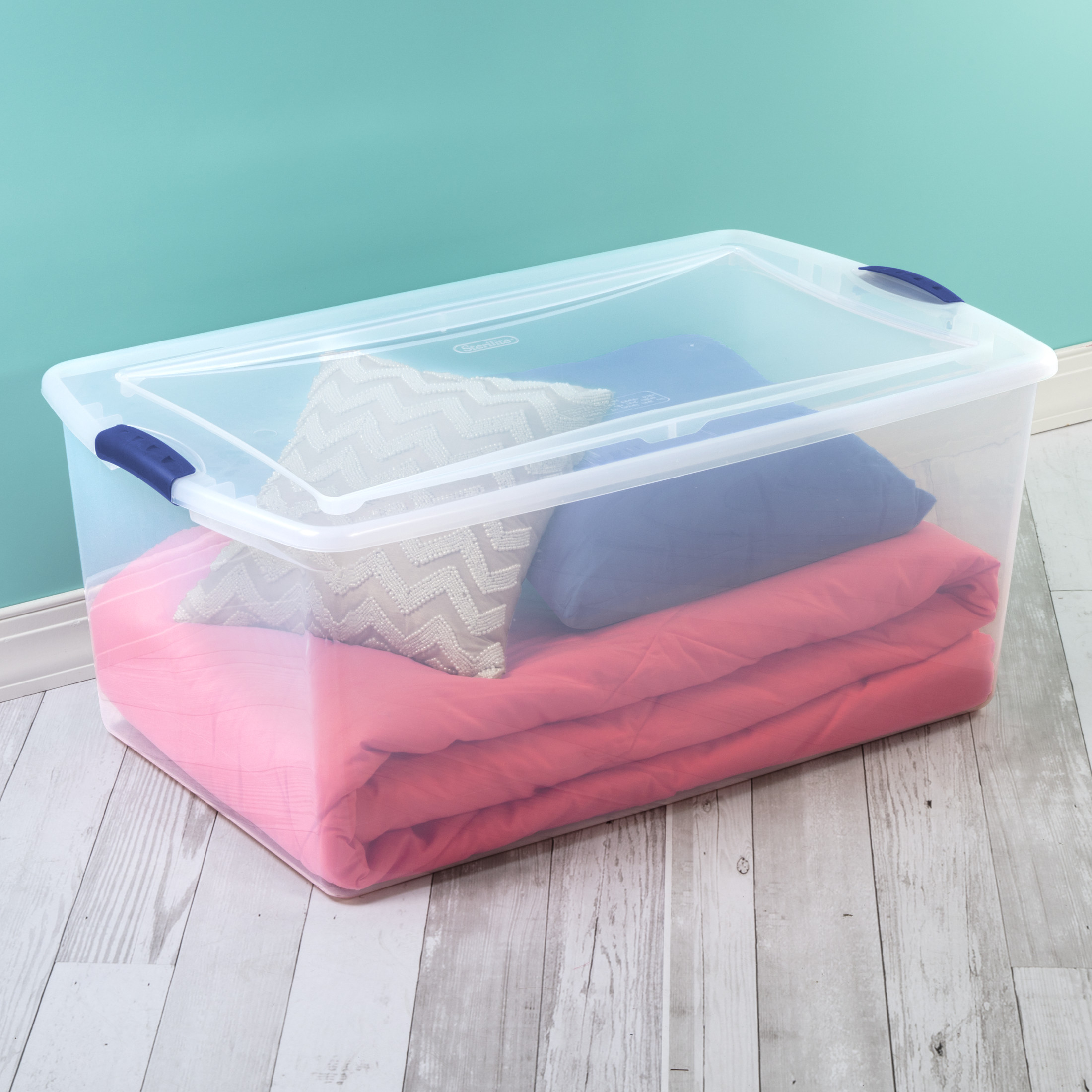 Sterilite 105-Quart Latching Storage Bin, Clear with Blue Handles photo 4