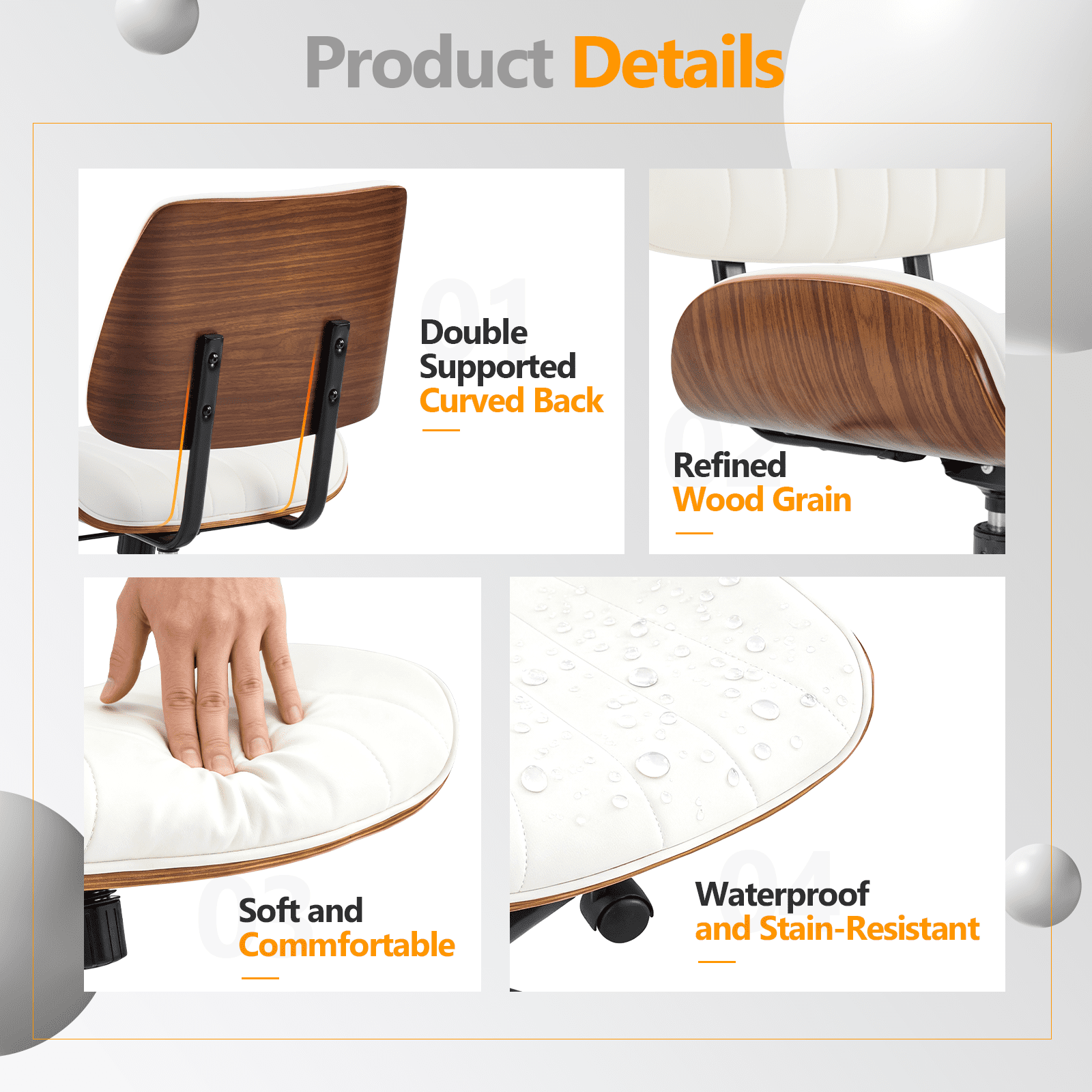 Ktaxon Swivel Office Chair, Armless Curved Wood Accent Desk Chair with PU Upholstered, Black Base Task Chair for Study, Makeup Vanity White