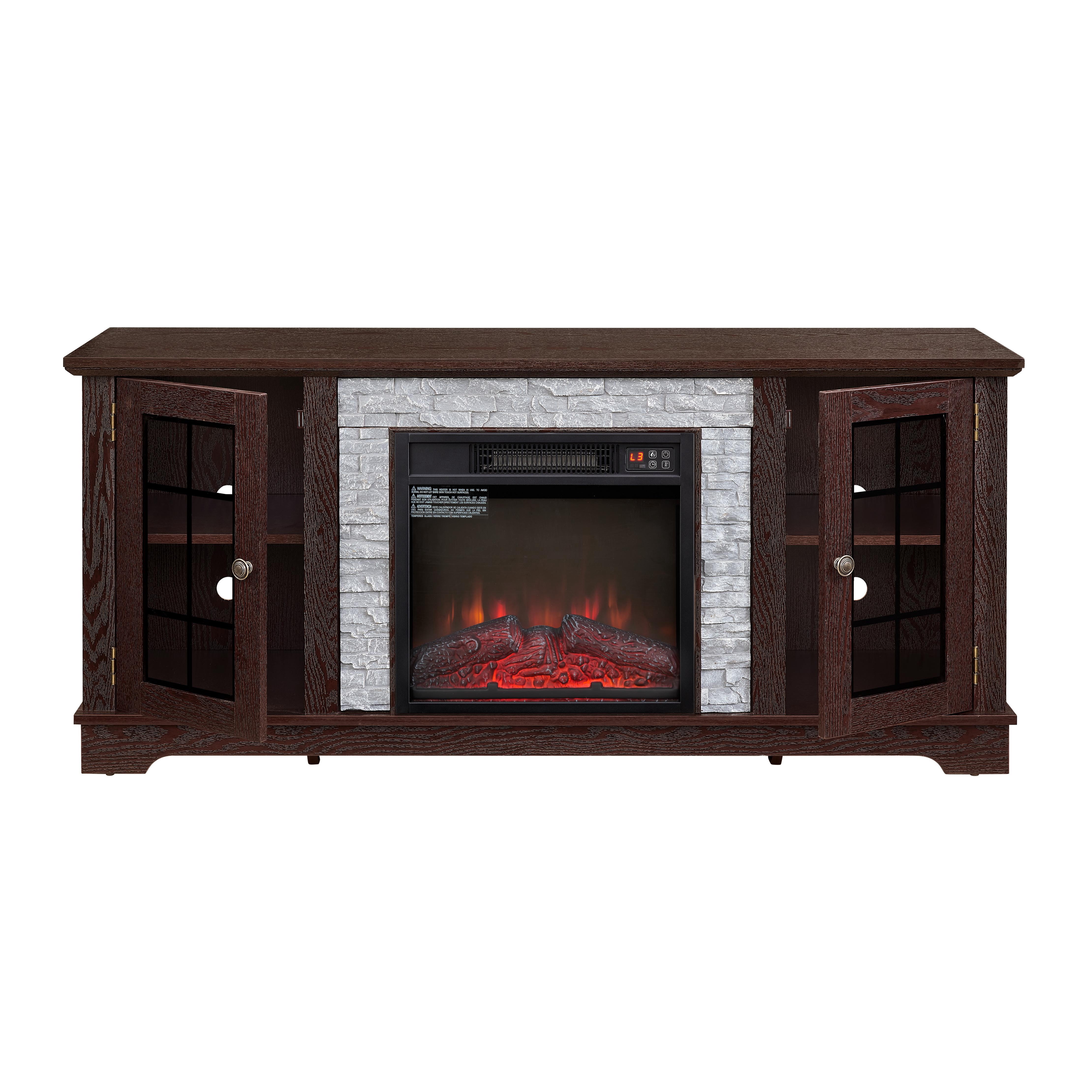 Fireplace TV Stand for TVs up to 65", Paproos Farmhouse TV Stand with 18" Electric Fireplace, Entertainment Center Televison Console Table with Realistic Stacked Stone & Adjustable Shelves, Cherry