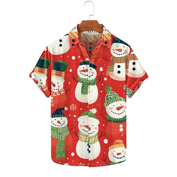 BLTIBY Christmas Shirt for Men Lapel Button Down Short Sleeve Hawaiian Shirts Xmas Snowman Printed Casual Holiday Shirts Tops Red 5XL