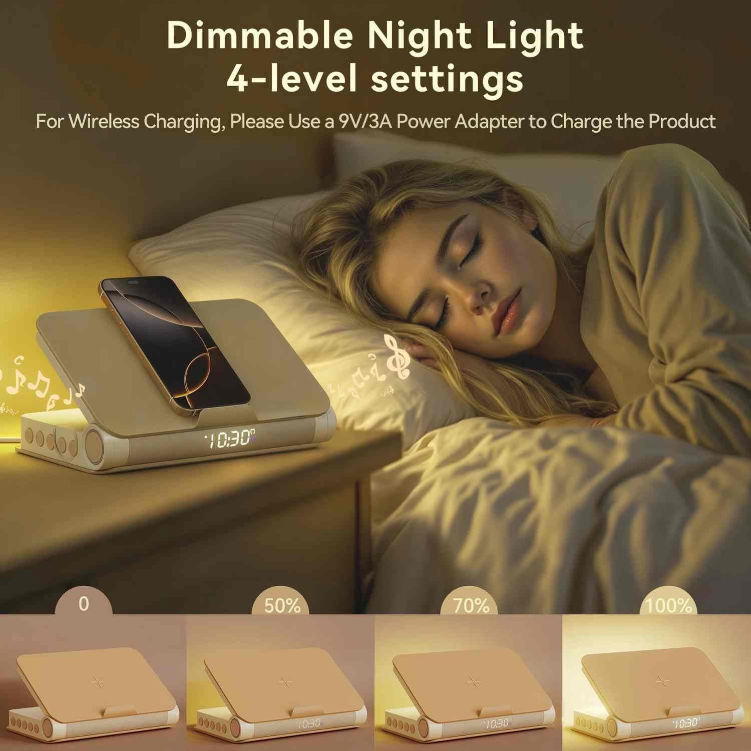 Sunrise Alarm Clock and Bluetooth Speaker with Wireless Charger, Book Lamp for Bedroom, Apricot