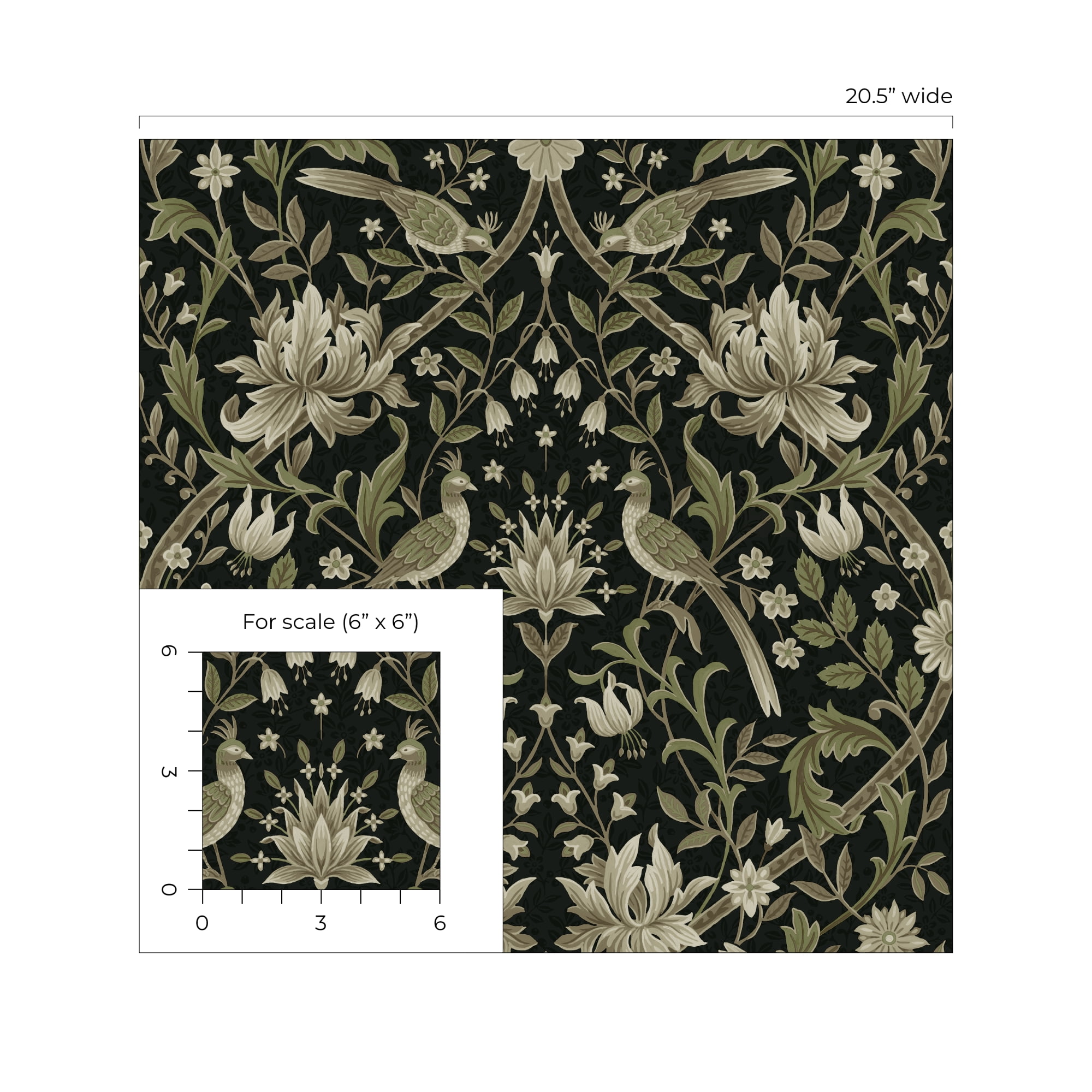 NextWall Ebony & Rosemary Vintage Bird Ogee Peel and Stick Wallpaper - 20.5 in. W x 18 ft. L Roll