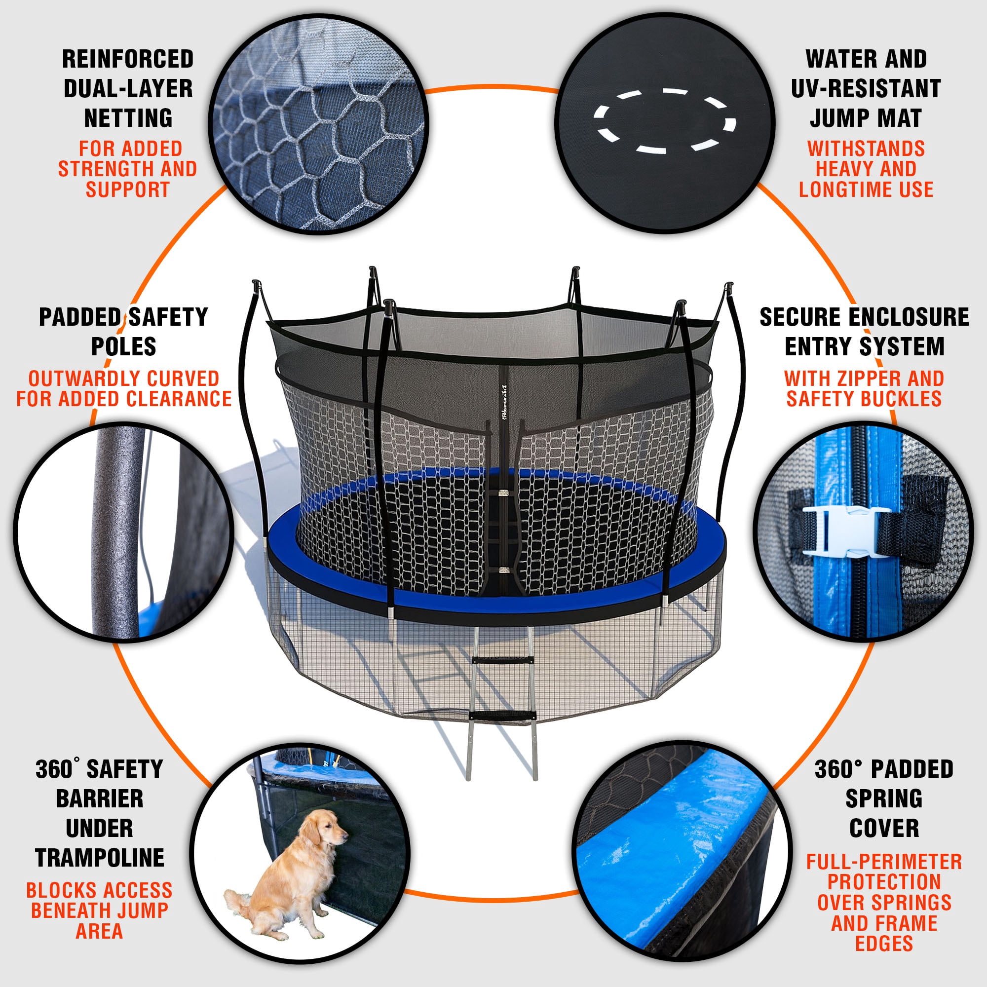 Bounce Pro 14ft Kinertial Trampoline Set with Double-Net Enclosure, Curved Poles, 360° Undermat Net & Ladder