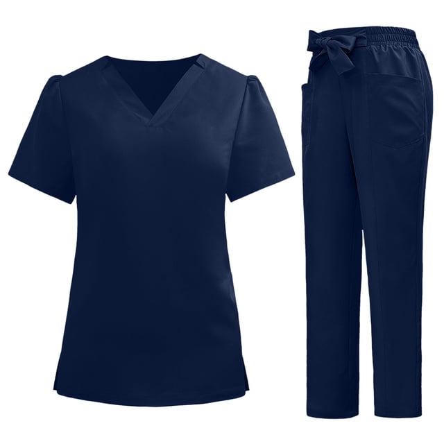 Haut de Sarrau, Ensemble de Sarrau à Manches Courtes et Col en V pour Femmes avec Pantalon, Uniforme de Travail Médical à Multiples Poches, Tissu en Polyester Léger et Doux pour le Confort