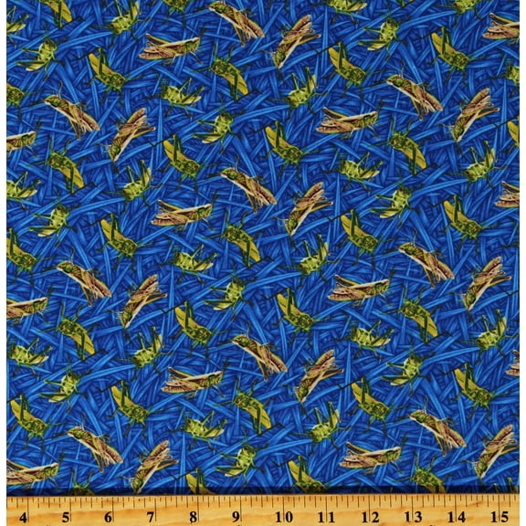 Cotton Grasshoppers Insects Bugs Crickets Locusts You Bug Me Blue Cotton Fabric Print by the Yard (12013791)