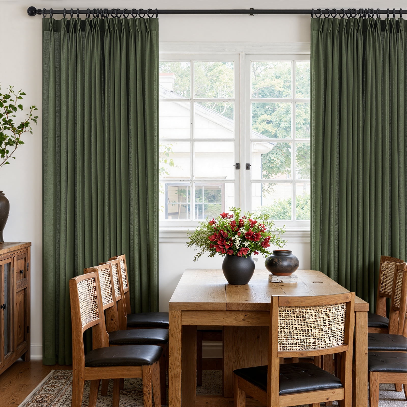 Jainmy Pinch Pleated Linen Curtains, Boho Light Filtering Living Room Bedroom Curtain,Window Treatments with Hook,Olive Green, 40x84 inch, 2 Panels