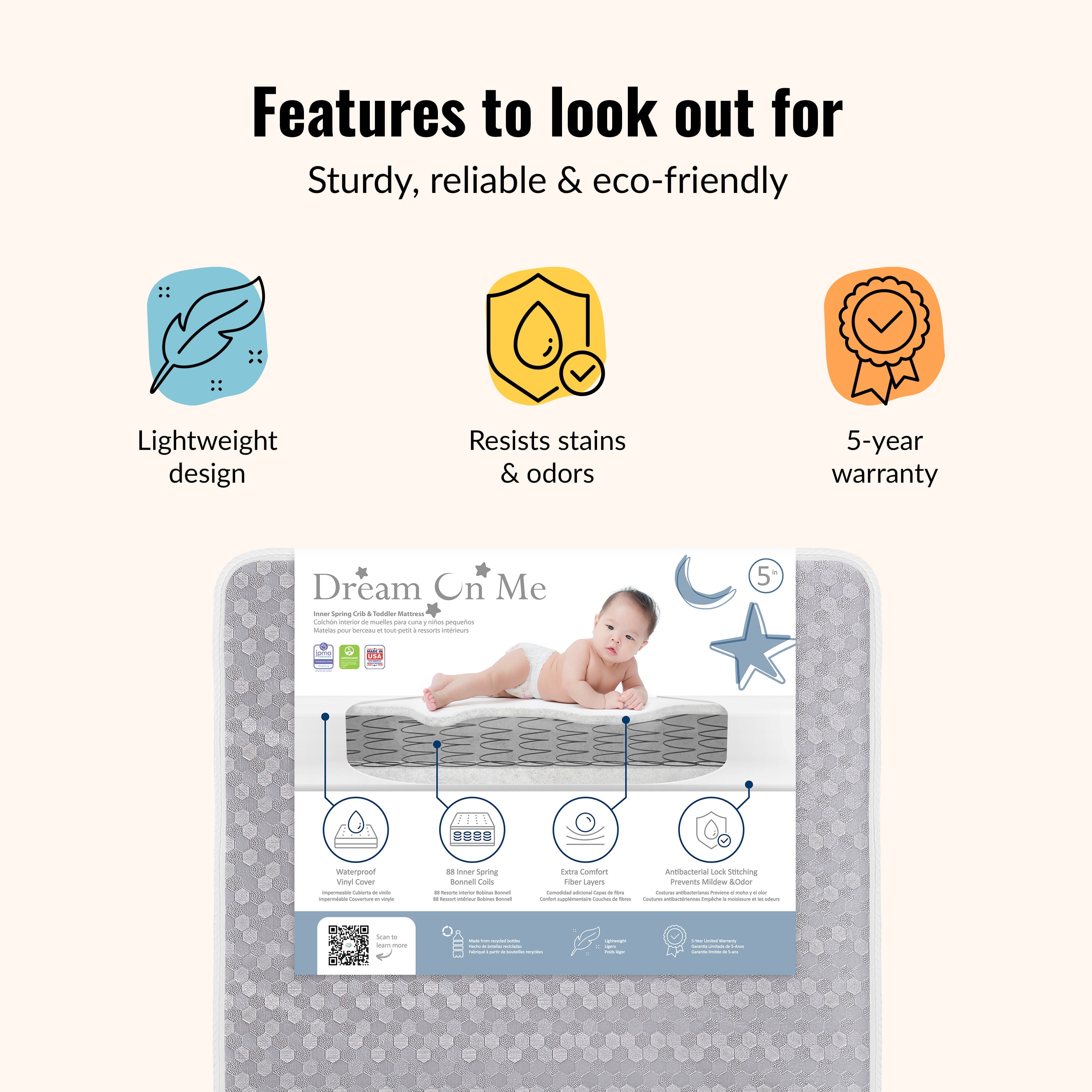 Dream On Me, Superior Slumber 6' 112 Coil Inner Spring Crib And Toddler Mattress In Grey