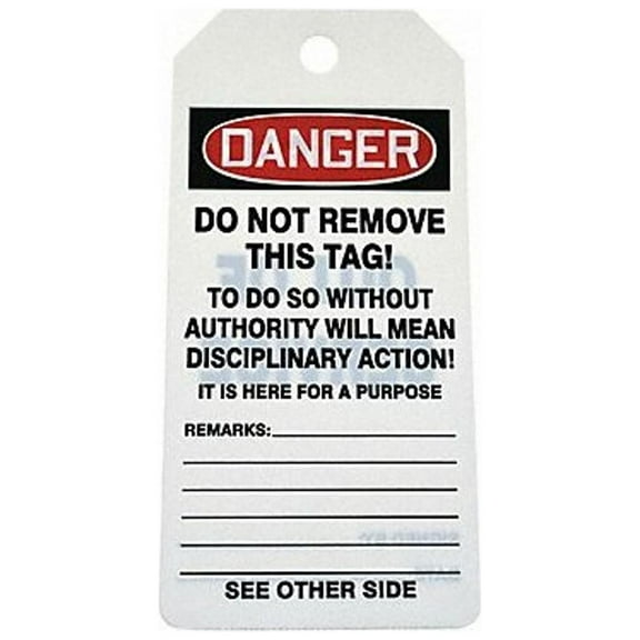 Tag, Danger, PVC, 6 1/4 in H x 3 in W, White, Rectangle, 100 PK