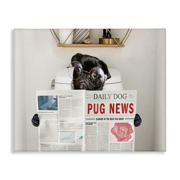 Stupell Industries Eclectic Bathroom Pug with Newspaper Canvas Art, 20 x 16, by Ziwei Li