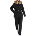 thumbnail image 2 of Womens Winter Ski Suit, Two Piece Outdoor Warm Quilted Windproof Snowsuit Fuzzy Hooded Jackets with High Waisted Snowpants Black L, 2 of 5