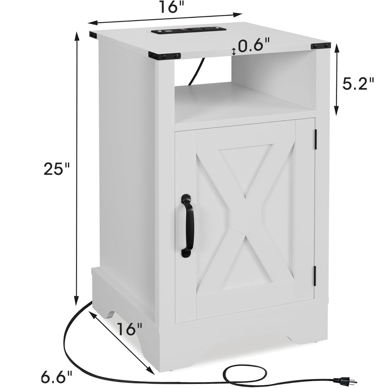 Hommoo 16"W Farmhouse Nightstand Sofa Side Table with Charging Station & Shelf Storage, White