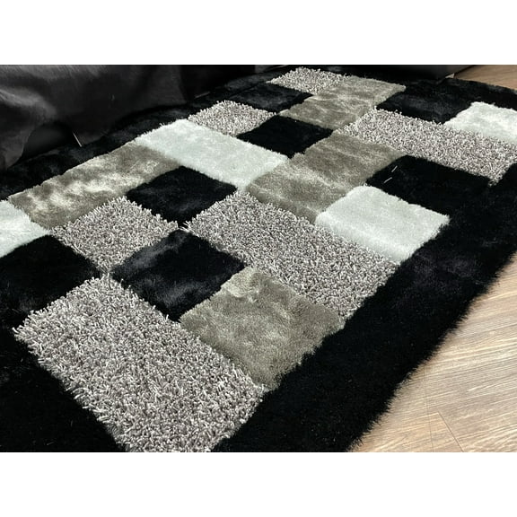 Black & Gray Square Plush Design Shag, 7'6" x 10'3" Area Carpet by Makymo
