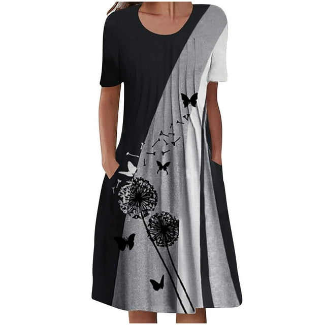 EQWLJWE Robes pour Femmes 2023 Élégantes Robes d'Été Décontractées Col Rond Manches Courtes Pliantes avec Poche Imprimées Robes pour Femmes Grande Taille