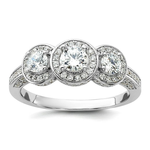 7.7mm 925 Sterling Silver Rhodium Plated Brilliant-cut CZ Three Stone Halo With Side Stones Ring Size 7 Ring for Women