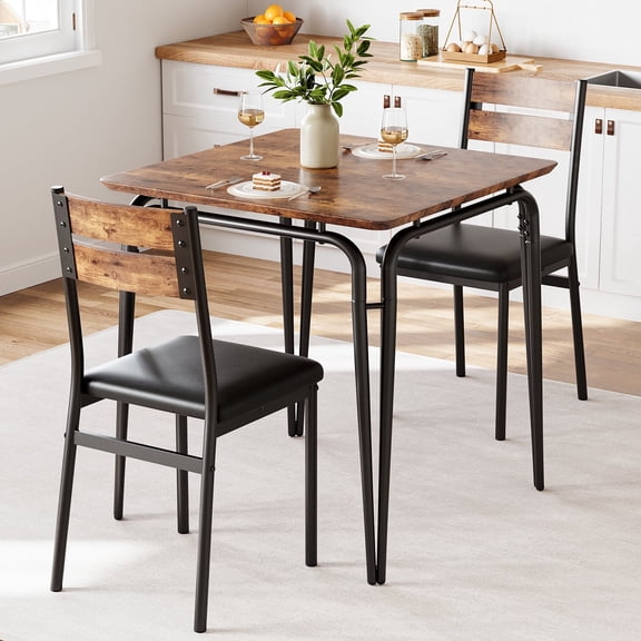 Jojoka 3 Piece Dining Set for 2, Table and 2 Upholstered Chairs, Wood Top Breakfast Dinette for Small Space, Kitchen, Apartment, Dining Room, Rustic Brown