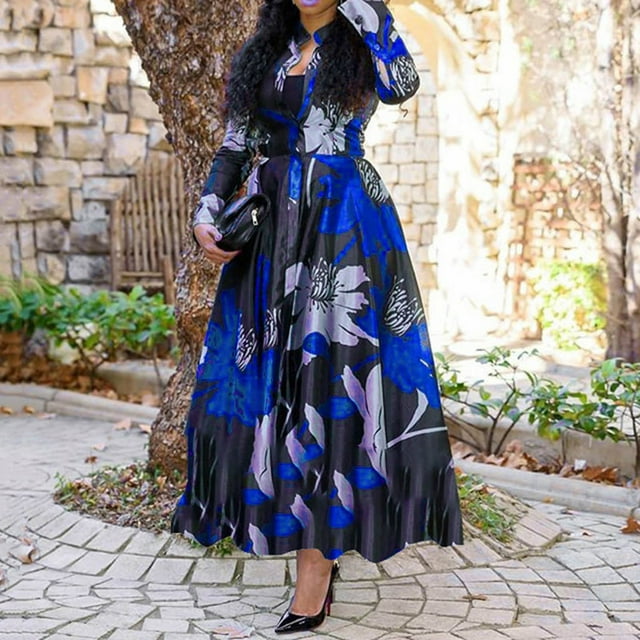 Jienlioq Femmes Robe Décolleté Femmes Casual Imprimé Bouton à Manches Longues Robe à Col Rond
