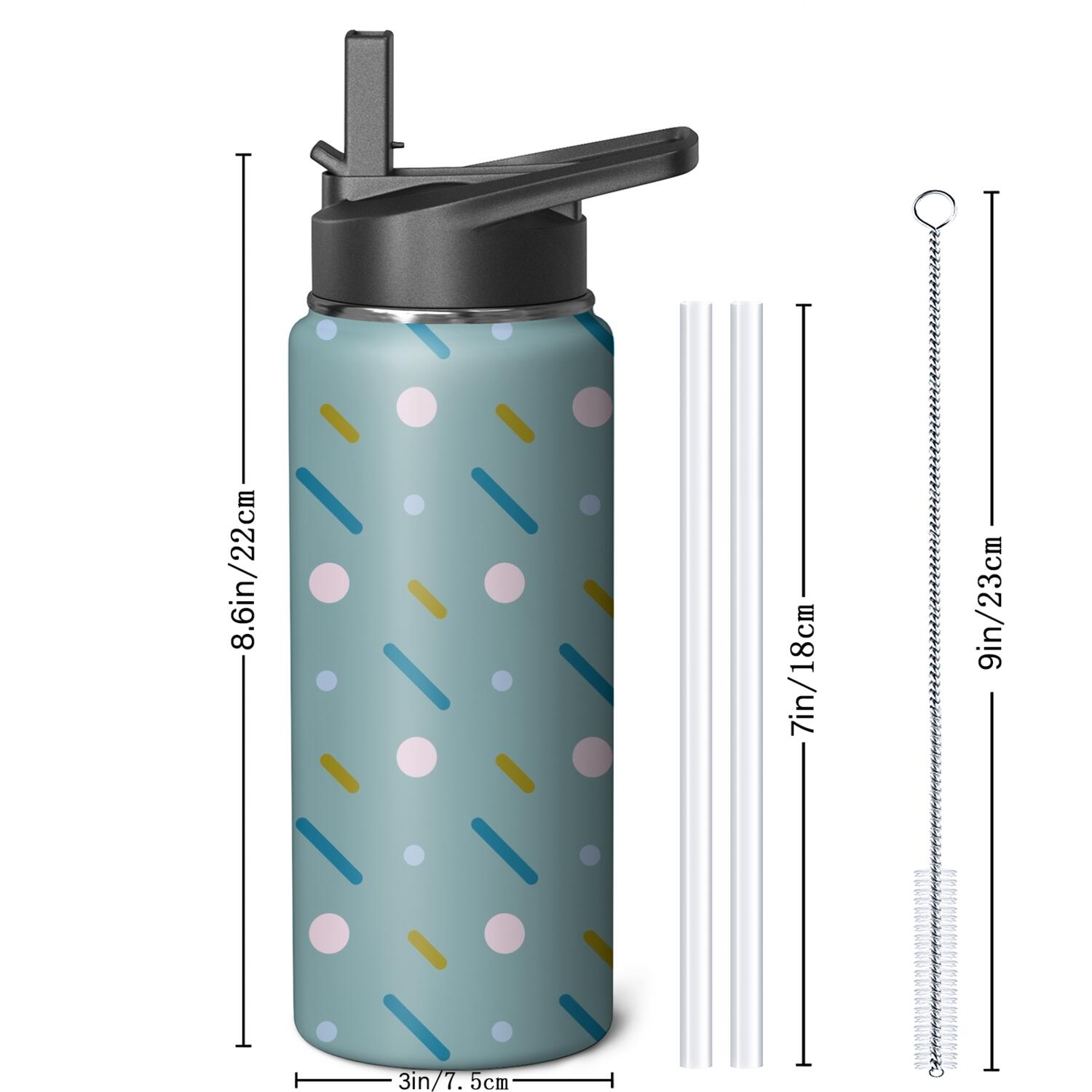 Modern 18 oz Insulated Stainless Steel Water Bottle with Straw & Cleaning Brush , Leakproof, BPA-Free, 304 Stainless Steel, Wide Mouth, Travel Mug for Car, Gym, Office