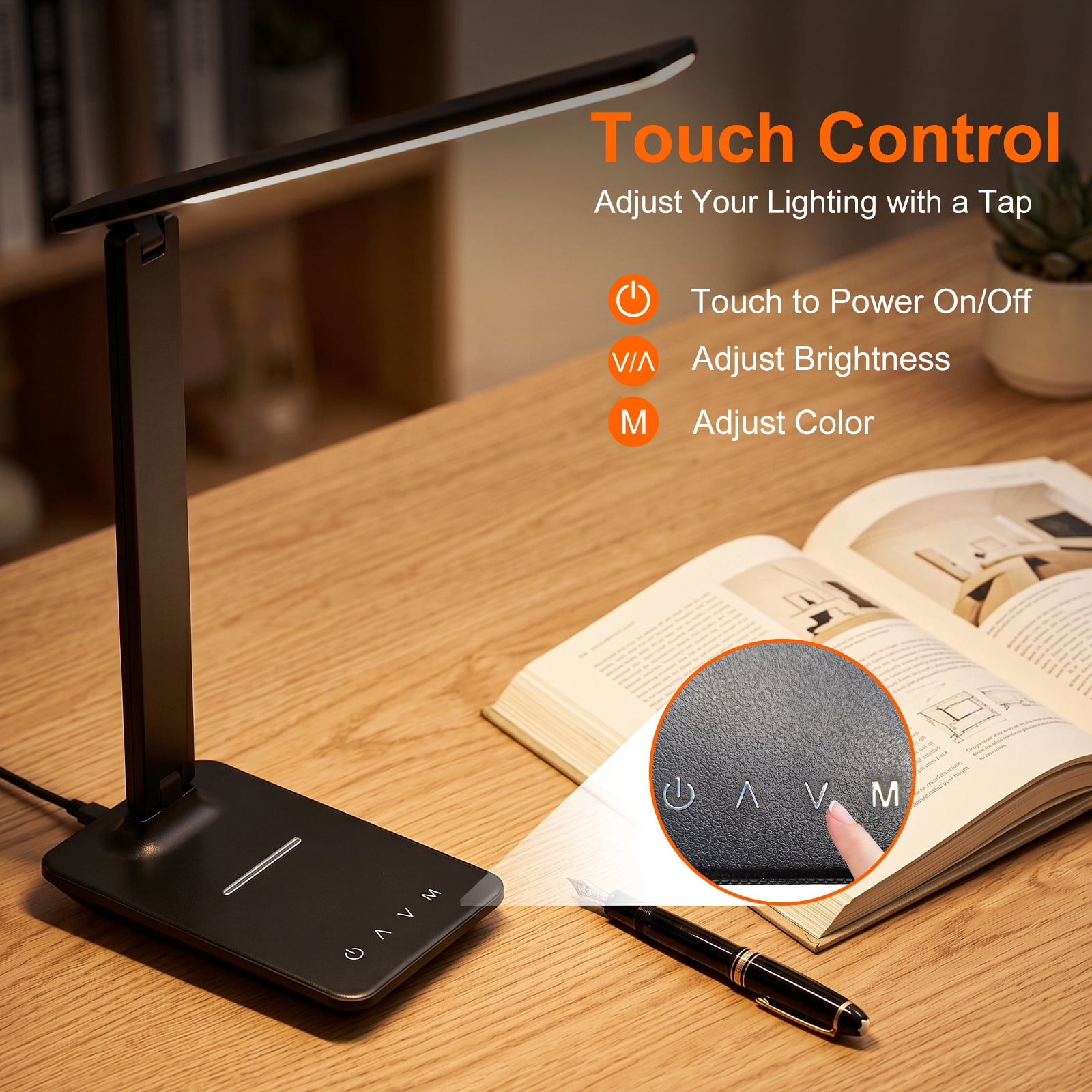 FOUKUS LED Desk Lamp Desk Lamp with USB Charging Port: Dimmable Desk Lamp for Home Office & Study, 5 Color Modes, Touch Control Desk Light, Foldable Table Lamp for Bedroom Dorm Reading
