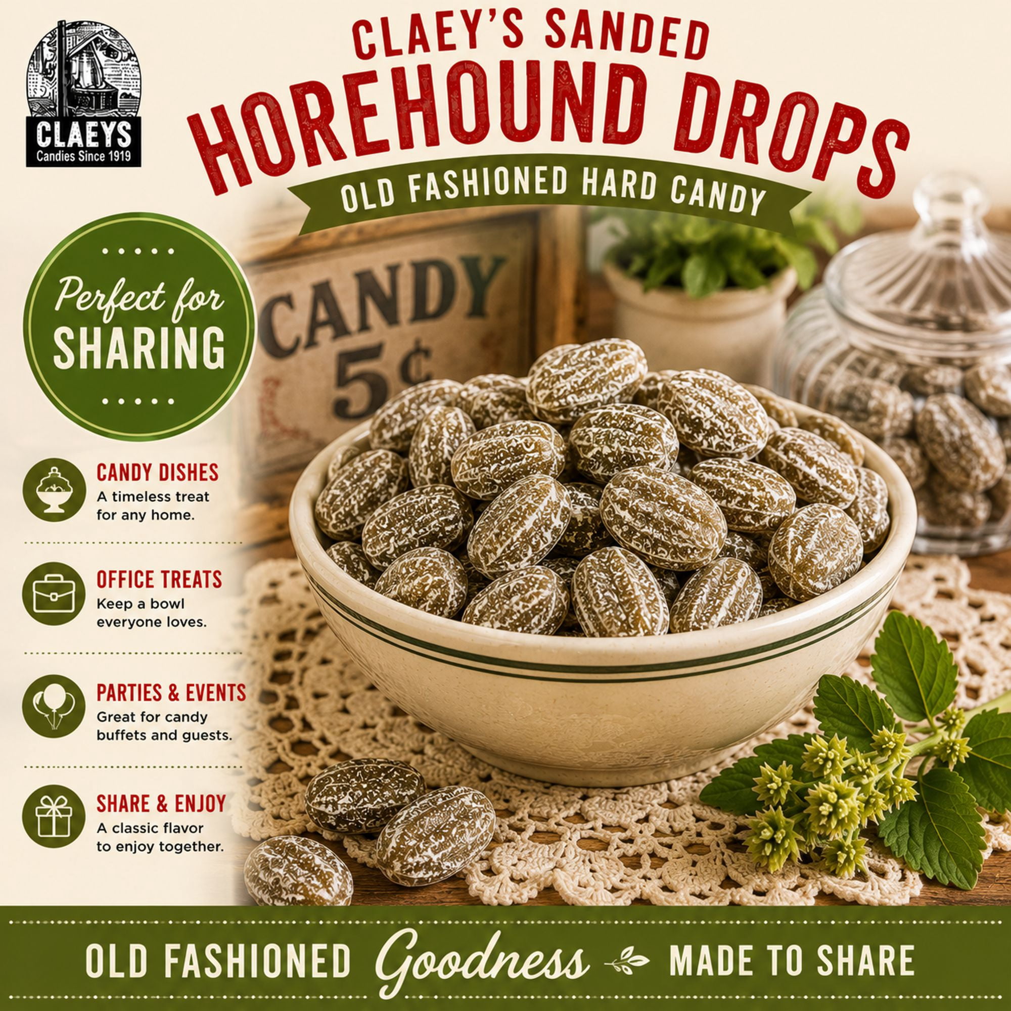 Claey's Horehound Hard Candy Drops Sanded Gluten-Free 4 lb Bulk Bag