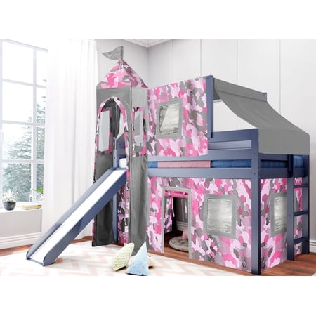 Jackpot Princess Low Loft Bed with Slide Pink Camo Tent and Tower  Loft Bed  Twin  Blue