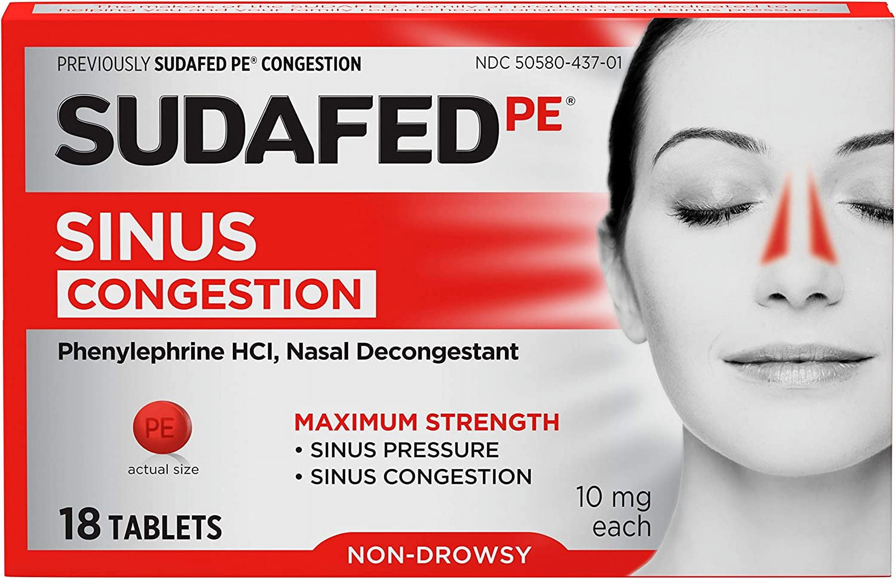 Sudafed PE Sinus Congestion Maximum Strength Non-Drowsy Decongestant Tablets, 18 ct