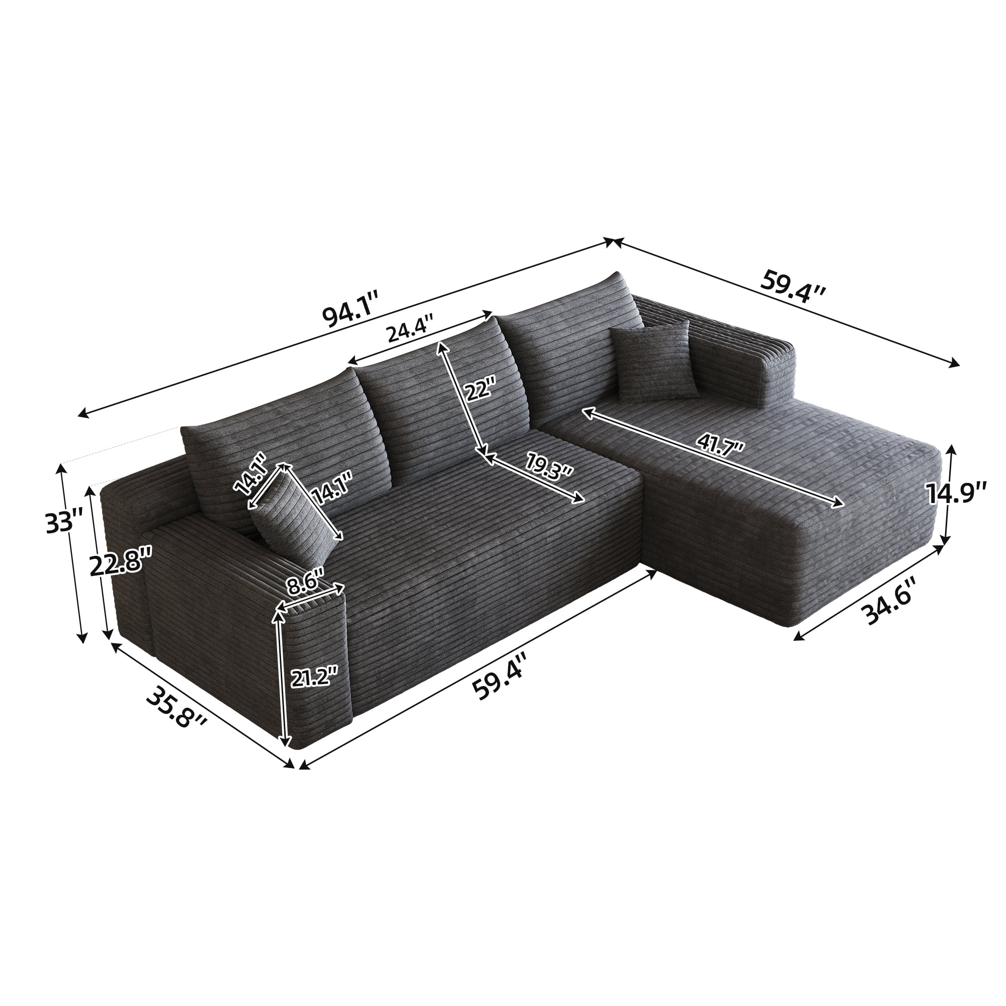 Leumius Modular Sectional Sofa,Oversized L-Shape Cloud Couch,Modern Corduroy Upholstered Couches for Living Room,No Assembly Required,Dark Gray(Right Facing Chaise)