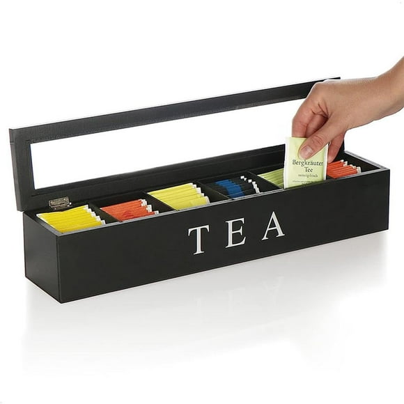 Elegant Wooden Tea Bag Organizer with Glass Lid – 6 Compartments for Tea Bags and Sugar Packets – Drawer, Shelf, or Countertop Use – Black – 43x9x8.7cm