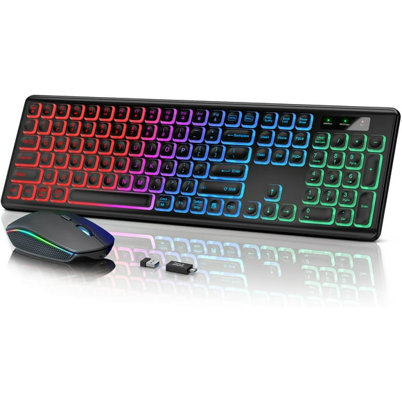 Wireless Keyboard and Mouse Combo - RGB Backlit, Rechargeable, Quiet Typing, Light-Up Keys, Full Size, Ergonomic Tilt, 2.4GHz USB Receiver for Windows
