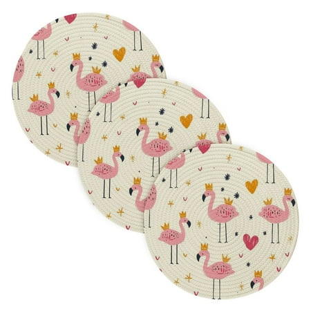 

WOBOGO Cute Pink Flamingos Crowns Hearts Coil Placemats 3pcs Resistant Hot Pads Mat for Table Counter Cooking Potholder 15in