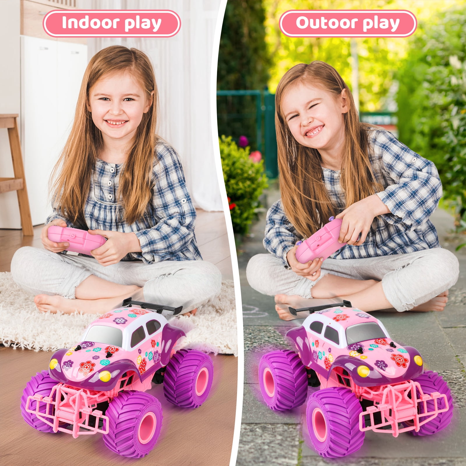 Beefunni Pink RC Car for Girls, 4WD Off-Road Remote Control Truck with 2.4GHz, Rechargeable Battery, All-Terrain RC Jeep Toy for Kids Ages 4-7, Birthday Gift for Girls