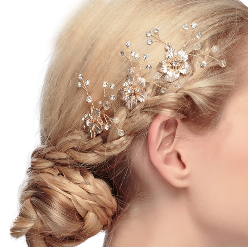 eVogues Bridal Prom Flower Side Hair Comb Accessory Rhinestone Headpiece  Gold