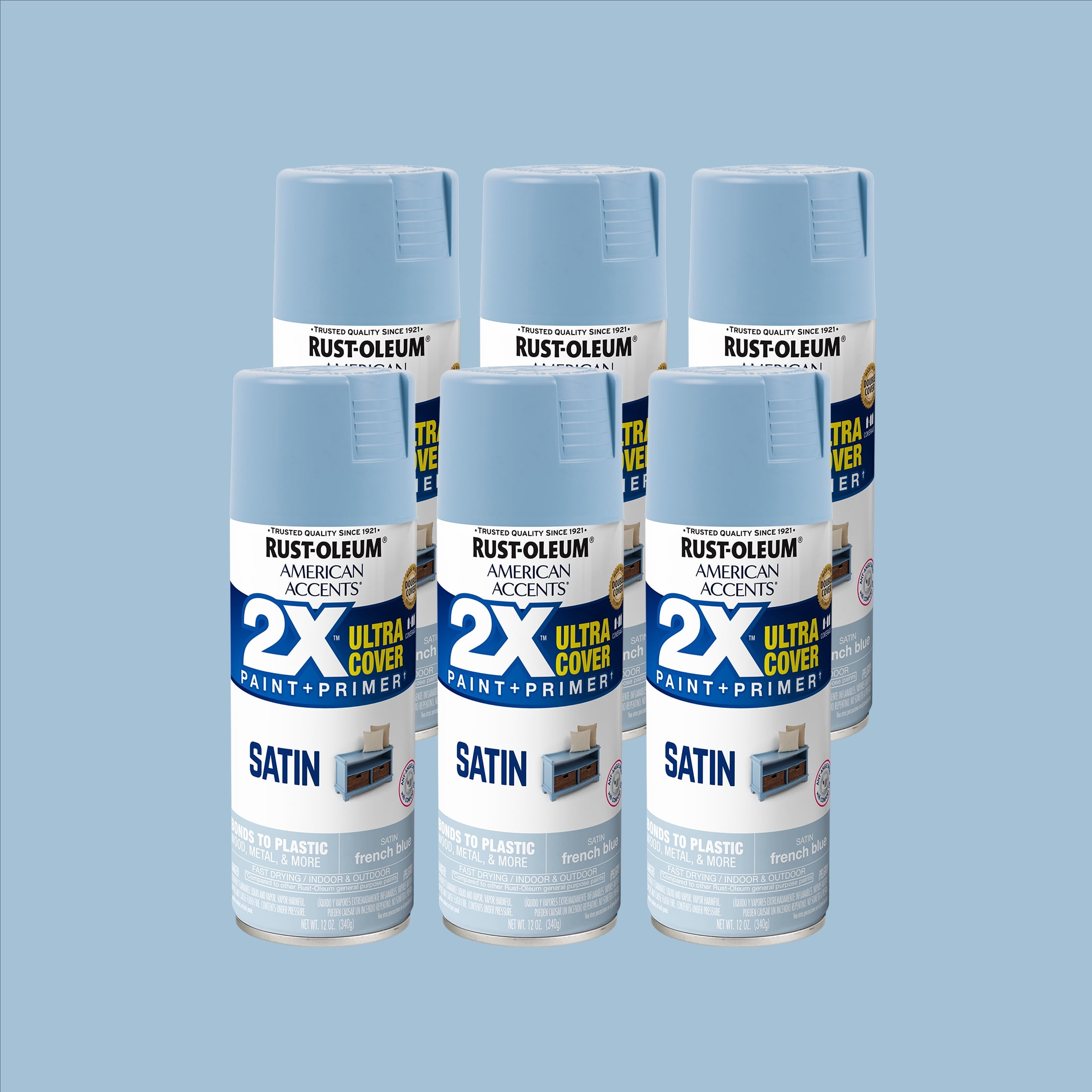 (2 pack) 6 Pack, French Blue Rust-Oleum American Accents 2X Ultra Cover Satin Spray Paint-327925, 12 oz