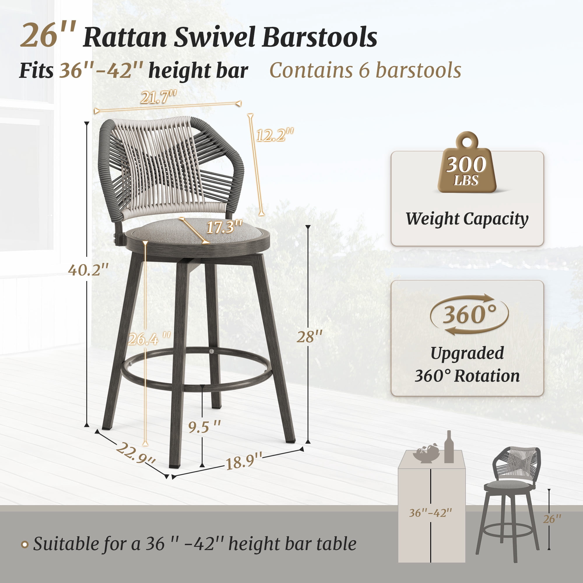 Dycanpo 26'' Swivel Bar Stools Set of 2, Counter Height Stools with Woven Backrest & Footrest, Gray