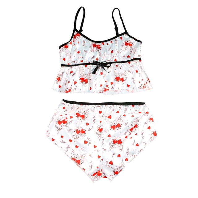 Gibobby Pijamas para mujer Sexy sin mangas Tops conjunto corto Lencería ropa de casa conjunto de cómodo pijama conjunto ropa de dormir amor impreso conjunto(Blanco,XL)