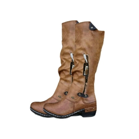 

Zodanni Women Vintage Riding Boots Walking Round Toe Tall Casual Non-slip Side Zip Winter Shoes Brown 6.5